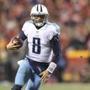 Tennessee Titans quarterback Marcus Mariota (8) runs against the Kansas City Chiefs during the second half of an NFL wild-card playoff game in Kansas City, Mo., Saturday, Jan. 6, 2018. (AP Photo/Reed Hoffmann)