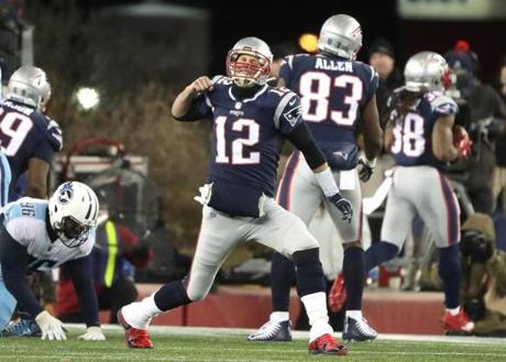 Patriots quarterback Tom Brady reacted after hitting Brandon Bolden on a third-quarter pass for a touchdown.
