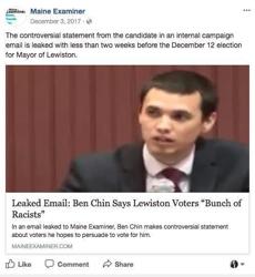 13fakenews -- A screenshot of the Maine Examiner's Facebook page to a linked article of a fake email. (Facebook) 
