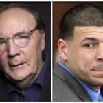 In this photo combo, author James Patterson is pictured next to former Patriots tight end Aaron Hernandez, the subject of ?All-American Murder,? which Patterson wrote with two coauthors.