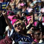 A participant cheered during a rally for women?s rights held on Sunday at Sam Boyd Stadium in Las Vegas.
