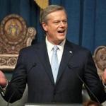 Gov. Charlie Baker delivering the State of the Commonwealth address in the house chamber of the State House. 