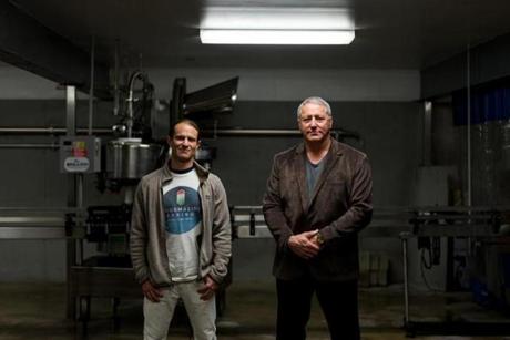 Co-owners of Summit Spring Inc., Seth Pruzansky (left) and Bryan Pullen stood in their bottling plant in Harrison, Maine. 
