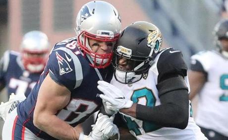 Patriots tight end Rob Gronkowski took a helmet-to-helmet hit during the AFC championship.
