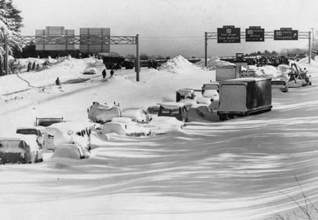 Vehicles were snowbound on Route 128 in the aftermath of a massive blizzard on Feb. 8, 1978. 
