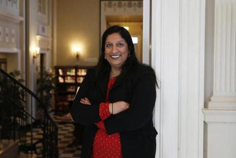 Wakefield, MA -- 12/26/2017 - Wakefield Board of Selectmen member Mehreen Butt, the first American Muslim woman in Massachusetts to be elected to a select board or town council, and the second in Massachusetts to hold an elective office poses for a portrait inside the Wakefield Library. (Jessica Rinaldi/Globe Staff) Topic: 31nobutt Reporter: 
