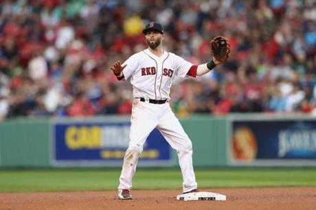 BOSTON, MA - OCTOBER 09: Dustin Pedroia #15 of the Boston Red Sox calls for the ball in the eighth inning against the Houston Astros during game four of the American League Division Series at Fenway Park on October 9, 2017 in Boston, Massachusetts. (Photo by Elsa/Getty Images)

