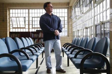 James Rodwell poseD for a portrait inside the visiting area at Massachusetts Correctional Institute Concord. Rodwell is fighting a life sentence for murder, he's been in prison for more than 30 years and is making one last grasp at getting a new trial.
