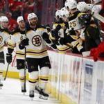 DETROIT, MI - FEBRUARY 06: David Krejci #46 of the Boston Bruins celebrates his second period goal with teammates while playing the Detroit Red Wings at Little Caesars Arena on February 6, 2018 in Detroit, Michigan. (Photo by Gregory Shamus/Getty Images)