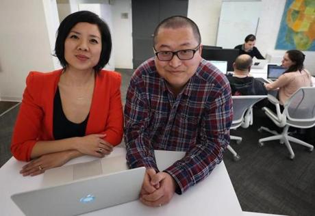 BOSTON, MA - 1/25/2018: L-R Cofounders Suelin Chen and Mark Zhang at the headquarters of their death planning startup Cake. (David L Ryan/Globe Staff ) SECTION: BUSINESS TOPIC XXendoflife
