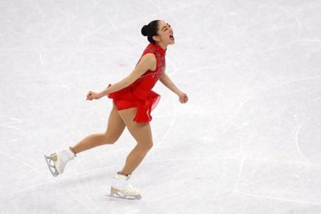 GANGNEUNG, SOUTH KOREA - FEBRUARY 12: Mirai Nagasu of the United States reacts after her routine in the Figure Skating Team Event ? Ladies? Single Free Skating on day three of the PyeongChang 2018 Winter Olympic Games at Gangneung Ice Arena on February 12, 2018 in Gangneung, South Korea. (Photo by Dean Mouhtaropoulos/Getty Images)
