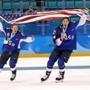 GANGNEUNG, SOUTH KOREA - FEBRUARY 22: Gold medal winners Kendall Coyne #26 and Hilary Knight #21 of the United States celebrate after defeating Canada in a shootout in the Women's Gold Medal Game on day thirteen of the PyeongChang 2018 Winter Olympic Games at Gangneung Hockey Centre on February 22, 2018 in Gangneung, South Korea. (Photo by Bruce Bennett/Getty Images)