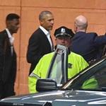 Former president Barack Obama left the the Boston Convention and Exhibition Center on Friday.
