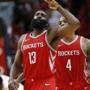 Houston Rockets guard James Harden celebrates a three-point shot during the second half of an NBA basketball game against the Miami Heat, Wednesday, Feb. 7, 2018, in Miami. The Rockets defeated the Heat 109-101. (AP Photo/Wilfredo Lee)