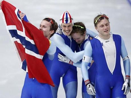 The men?s speedskating team from Norway celebrates after winning the gold in the 2018 Winter Olympics.





