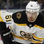 Boston Bruins forward Rick Nash (61) lines up for a face off during the first period of an NHL hockey game against the Buffalo Sabres, Sunday, Feb. 25, 2018, in Buffalo, N.Y. (AP Photo/Jeffrey T. Barnes)