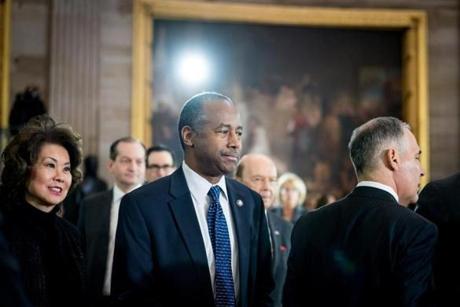 Ben Carson, the Housing and Urban Development secretary, during a memorial service for the Rev. Billy Graham at the U.S. Capitol building in Washington, Feb. 28, 2018. Carson is attempting to cancel a $31,000 order for a customized hardwood dining room table, chairs, sideboard and hutch for his work office and claiming that he did not know about the expense. (Erin Schaff/The New York Times)
