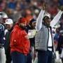 Foxborough, MA 01/22/17: Patriots defensive coordinator Matt Patricia (in red) and linebackers coach Brian Flores (with arms raised) are pictured on the sidelines. The England Patriots host the Pittsburgh Steelers in the AFC Championship game at Gillette Stadium in Foxborough, Mass., on Jan. 22, 2017 (Jim Davis/Globe Staff