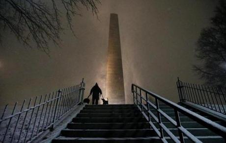 Boston, MA- 3/7/2018 - Rudy Hersh (cq) takes his dogs for their nightly walk as snow swirls around the Bunker Hill Monument during a snowstorm (Bill Greene/Globe staff
