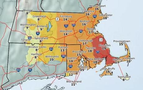 Monday morning?s forecast from the National Weather Service says Boston could get 17 inches of snow.
