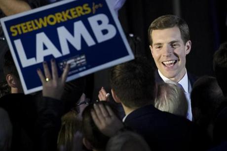 CANONSBURG, PA - MARCH 14: Conor Lamb, Democratic congressional candidate for Pennsylvania's 18th district, greets supporters at an election night rally March 14, 2018 in Canonsburg, Pennsylvania. Lamb claimed victory against Republican candidate Rick Saccone, but many news outlets report the race as too close to call. (Photo by Drew Angerer/Getty Images)
