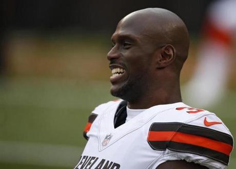 Cleveland Browns defensive back Jason McCourty smiles before an NFL football game between the Baltimore Ravens and the Cleveland Browns, Sunday, Dec. 17, 2017, in Cleveland. (AP Photo/Ron Schwane)
