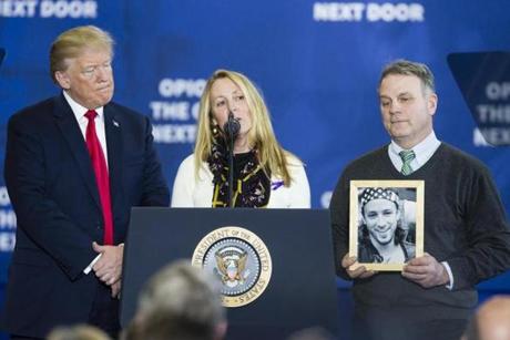 President Trump enlisted Jean and Jim Moser talk about their son Adam's drug-related death during a speech in New Hampshire on Monday.
