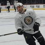 Patrice Bergeron at Bruins morning skate on Wednesday, Oct. 11 ahead of their game in Denver vs. the Avalanche. (Kevin Paul Dupont/Globe Staff).