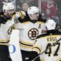 Boston Bruins' Patrice Bergeron (37), Brad Marchand (63) and Torey Krug (47) celebrate a goal by Marchand against the Minnesota Wild during the overtime period of an NHL hockey game Sunday, March 25, 2018, in St. Paul, Minn. The Bruins won 2-1 in overtime. (AP Photo/Hannah Foslien)