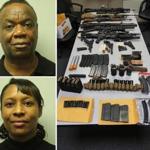 Francho Bradley (above) and Adrianne Jennings, along with a photo of the weapons they are accused of stockpiling in a Tewksbury Hotel. 