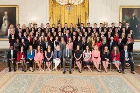 President Donald Trump and the White House's spring 2018 intern class on March 26. MUST CREDIT: Official White House photo by Shealah Craighead
