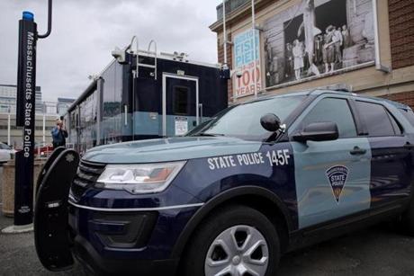 Boston, MA- April 03, 2018: The Massachusetts State Police substation at the Boston Fish Pier in the Seaport District of Boston, MA on April 03, 2018. State Police and Massport Police currently have jurisdiction in the area. (Craig F. Walker/Globe Staff) section: metro reporter:
