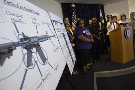 Maura Healey spoke at a 2016 press conference announcing the enforcement of a ban on the sale of copycat assault weapons.  
