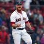 Boston, MA: 4/8/2018: Red Sox closer Craig Kimbrel is pumped as he seesthe fianl out of the game made at first base. The Boston Red Sox hosted the Tampa Bay Rays in a regular season baseball game at Fenway Park. (Jim Davis/Globe Staff)