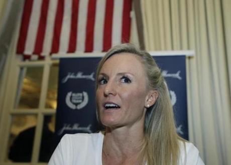 Elite U.S. runner Shalane Flanagan speaks to reporters, Friday, April 13, 2018, in Boston. The 122nd running of the Boston Marathon is scheduled for Monday. (AP Photo/Elise Amendola)
