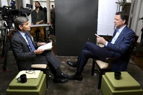 ABC?s George Stephanopoulos (left) interviewed former FBI director James Comey for a taped sit-down that aired Sunday.
