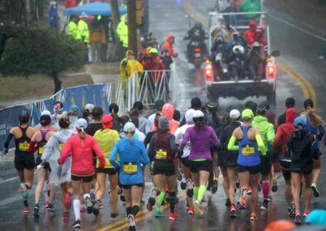 HOPKINTON, MA - 4/16/2018: Boston Marathon Start.....womens elite off and running and little crowd (David L Ryan/Globe Staff ) SECTION: SPORTS TOPIC Boston Marathon
