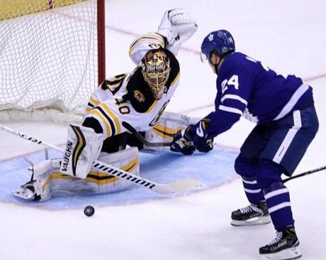 Bruins goaltender Tuukka Rask turns aside a breakaway bid by Kasperi Kapanen in the first period Monday.
