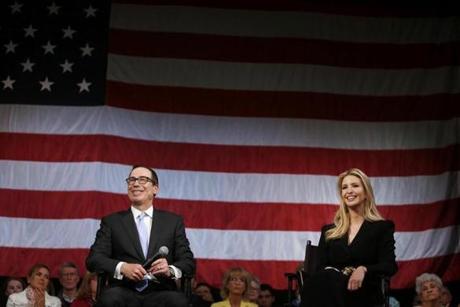 Secretary of the Treasury Steven T. Mnuchin and presidential adviser Ivanka Trump spoke during an event at the Derry Opera House in Derry, N.H.
