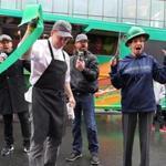 From left: Donnie, Paul, Bob, and Alma Wahlberg unveil the new Wahlburgers food truck at the South Bay Center.