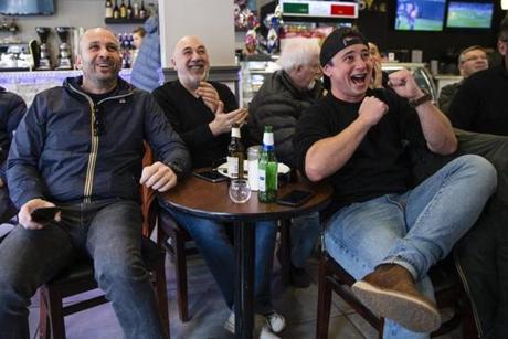 From left: Rick Antonellis, Fabrizio Nicastro, and Giulio Caperchi watched a UEFA Champions League match last week in a Boston establishment. AS Roma and Liverpool FC ? both clubs are owned by businessmen with Boston ties ? will meet in the Champions League semifinals.

