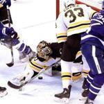 The pressure was on Bruins goaltender Tuukka Rask in Game 6 as Connor Brown (28) moves in.