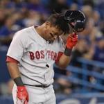 TORONTO, ON - APRIL 25: Rafael Devers #11 of the Boston Red Sox reacts after striking out to end the top of the first inning during MLB game action against the Toronto Blue Jays at Rogers Centre on April 25, 2018 in Toronto, Canada. (Photo by Tom Szczerbowski/Getty Images)