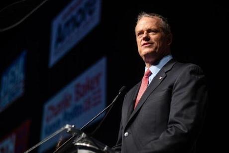 Governor Charlie Baker  spoke during the GOP state convention held at the DCU Center in Worcester on Saturday.
