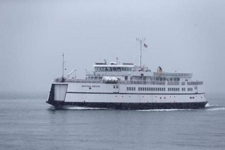 Off of Woods Hole, MA -- 4/02/2018 - A ferry is seen from The M/V Katama as it heads to Wood's Hole. (Jessica Rinaldi/Globe Staff) Topic: Reporter: 
