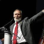 Republican candidate for governor Scott Lively addresses the Massachusetts Republican Convention at the DCU Center in Worcester, Mass., Saturday, April 28, 2018. (AP Photo/Winslow Townson)