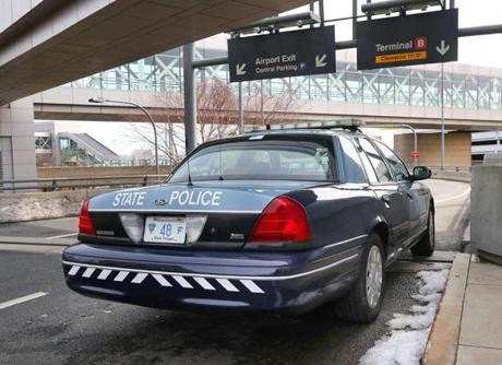 A Massachusetts State Police Troop F vehicle parked at Logan Airport?s Terminal A.  
