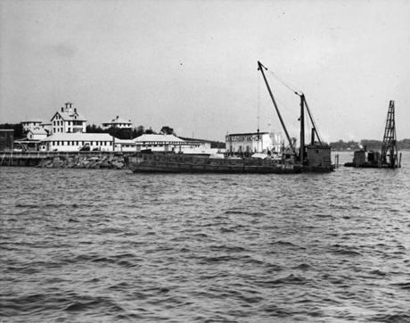 Boston, MA - 9/27/1933: Work is done on Gallops Island in the Boston Harbor, Sept. 27, 1933, in connection with the recent government award for improvements. (Globe Photographer/Globe Staff) --- BGPA Reference: 180501_MJ_003
