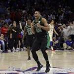 Boston Celtics' Al Horford (42) celebrates after winning Game 3 of an NBA basketball second-round playoff series against the Philadelphia 76ers, Saturday, May 5, 2018, in Philadelphia. (AP Photo/Matt Slocum)