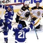 Tampa, Florida - 5/06/2018 - (2nd period) Tampa Bay Lightning center J.T. Miller (10) celebrates his go ahead goal scored on the power play for a 2-1 lead during the second period. The Boston Bruins play the Tampa Bay Lightning in Game Five of the Eastern Conference second round of the Stanley Cup Playoffs at Amalie Arena in Tampa, FL. - (Barry Chin/Globe Staff), Section: Sports, Reporter: Kevin P. Dupont , Topic: 07Bruins-Lightning, LOID: 8.4.1824583991.